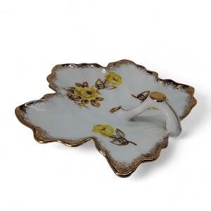 Vintage Leaf Shaped Trinket Dish Yellow Roses Gold‎ Accent Decorative Plate